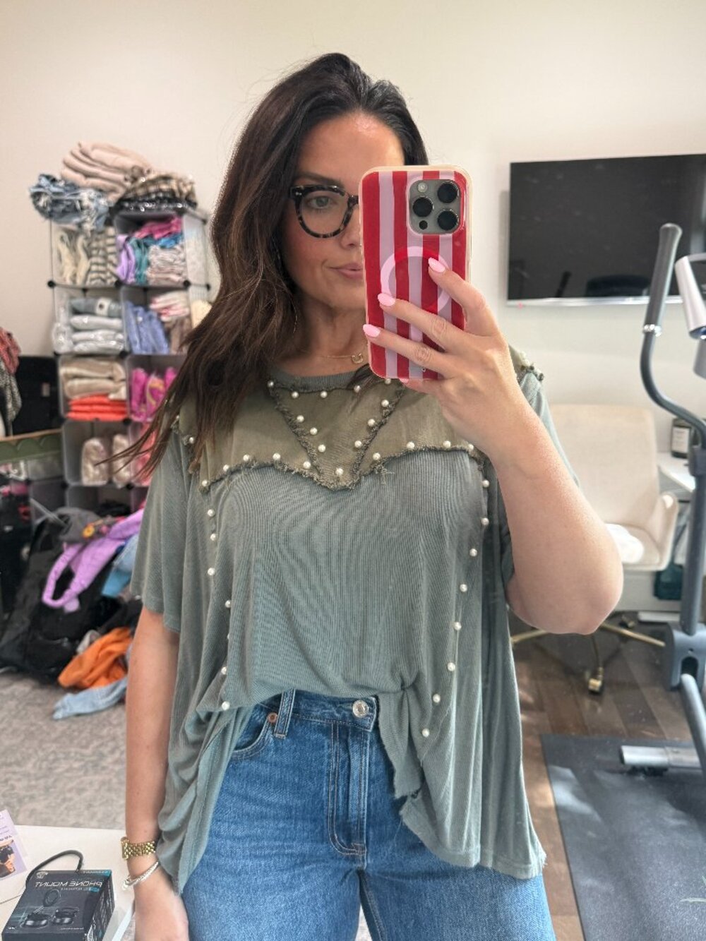 POL | Green Pearl Embellished, Raw Edge Thermal Short Sleeve Top | L | NEW